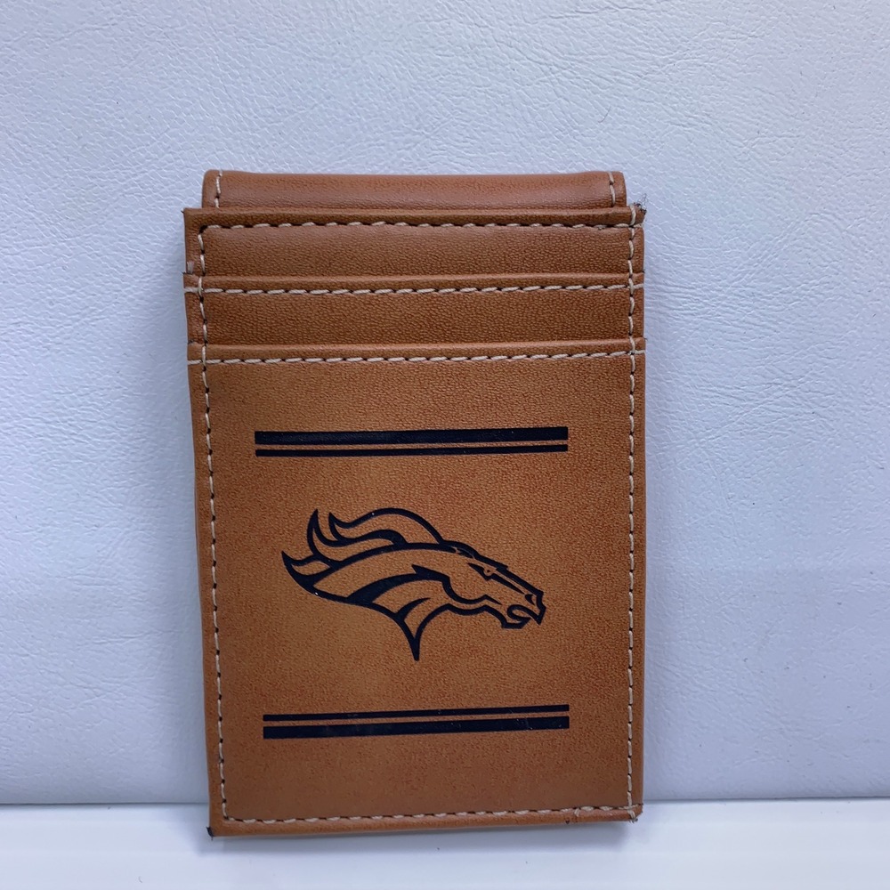 NFL Mens OS Tan Denver Broncos Logo Slim Bi-Fold Card Holder Wallet New